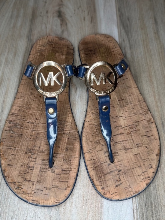 Michael Kors Shoes - Michael Kors Navy Jelly T-Strap Cork Sole Women Sandal 8 MK Gold Logo Flip Flops